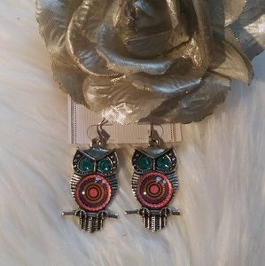 Silver Metal Tone Owl Earrings/ New